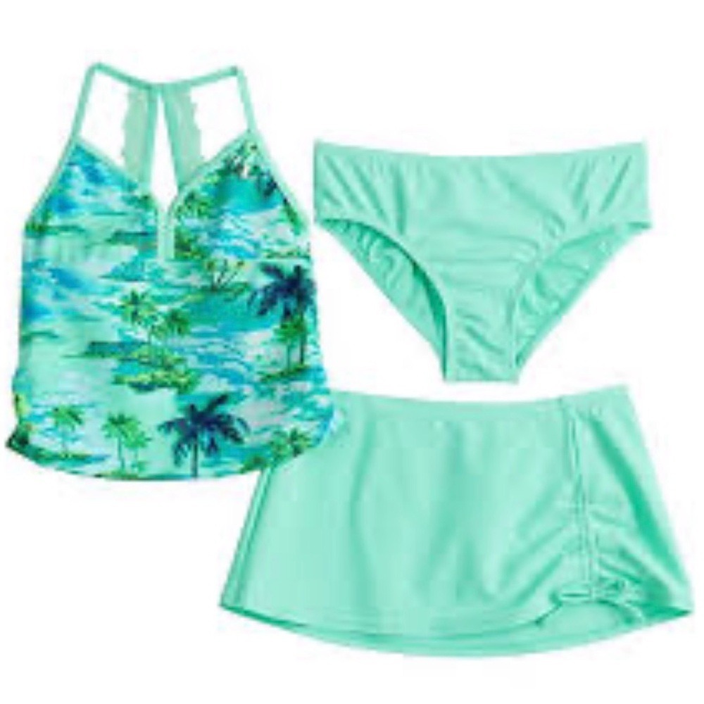 ZeroXposur 3 Piece Tankini Swimsuit Set Tropical Palm Print Teal XL 18.5 Plus - Picture 1 of 8